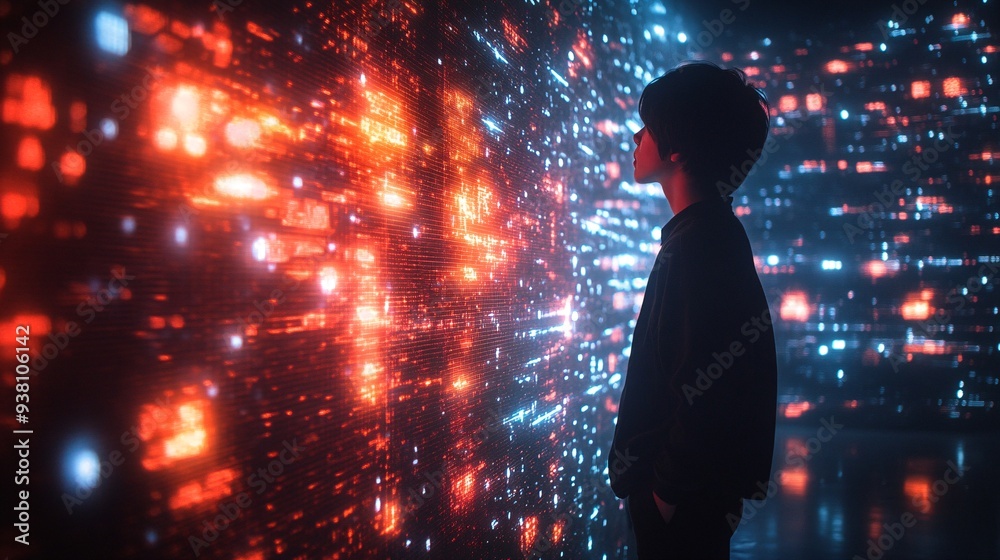 Poster A side profile of an interior designer immersed in the details of a 3D holographic room layout emphasizing the hands-on approach to visualizing and perfecting space design Stock Photo with copy space