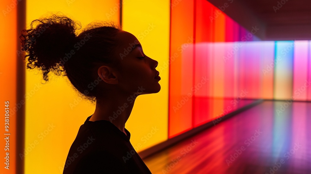 Poster A side profile of an interior designer immersed in the details of a 3D holographic room layout emphasizing the hands-on approach to visualizing and perfecting space design Stock Photo with copy space