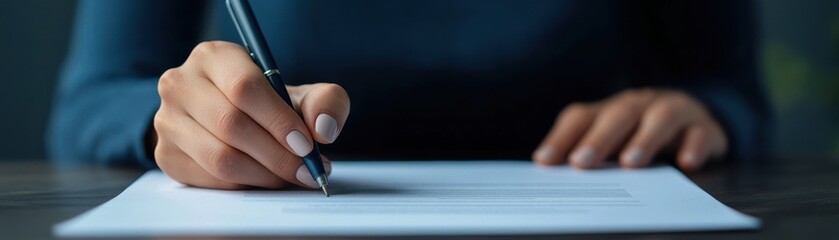 An individual holds a pen, poised to write on a blank sheet of paper, symbolizing creativity and expression.