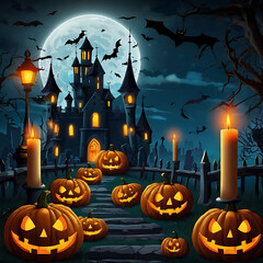 "Spooky Graveyard Night: Pumpkins, Candles, and Haunted Castle"