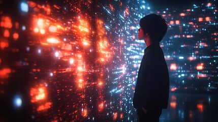 A side profile of an interior designer immersed in the details of a 3D holographic room layout emphasizing the hands-on approach to visualizing and perfecting space design Stock Photo with copy space