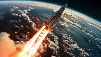 Space ship rocket taking off. Spaceship is about to launch. Space rocket flying into sky.