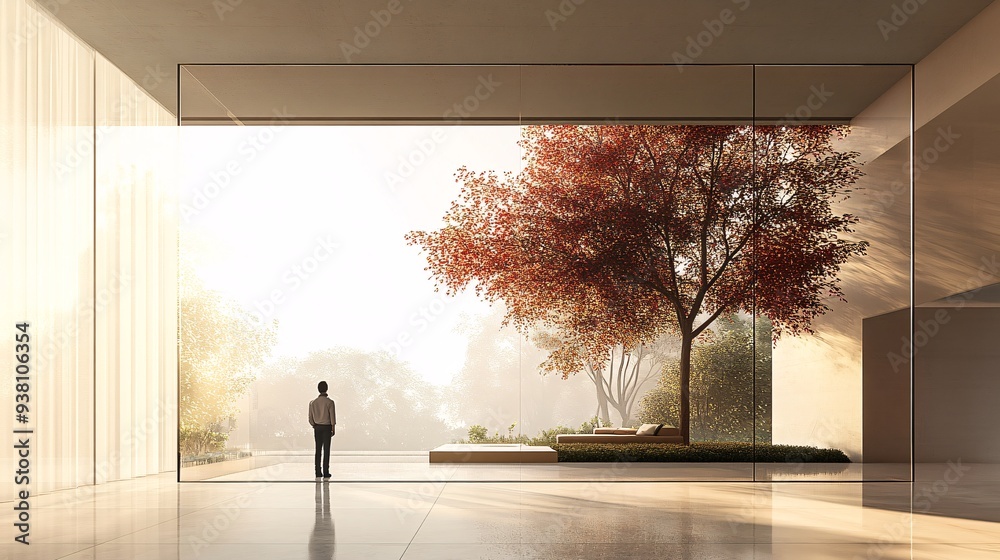 Aufkleber An interior designer standing before a large 3D holographic display of a complete home interior demonstrating the use of holograms to visualize and refine every aspect of a space Stock Photo with