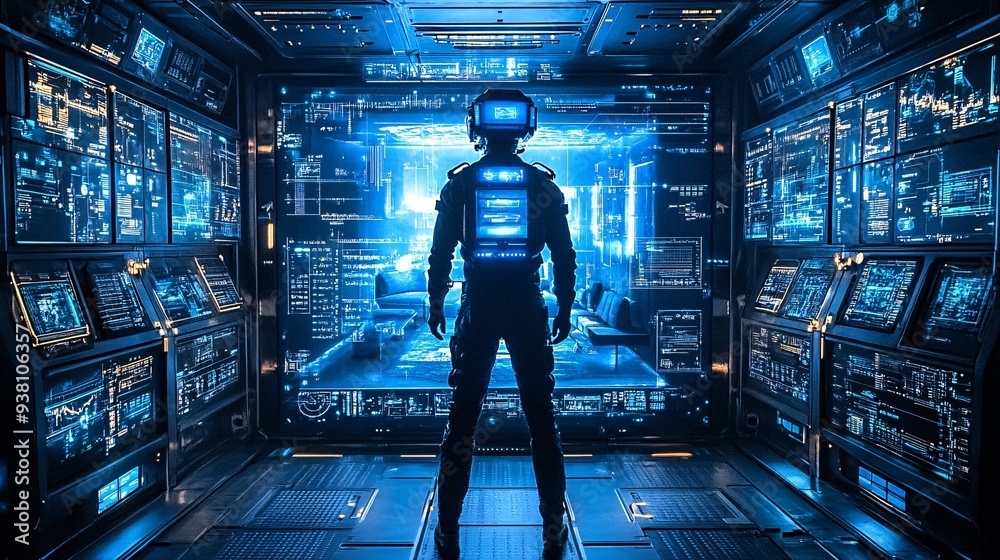 Poster An interior designer standing before a large 3D holographic display of a complete home interior demonstrating the use of holograms to visualize and refine every aspect of a space Stock Photo with