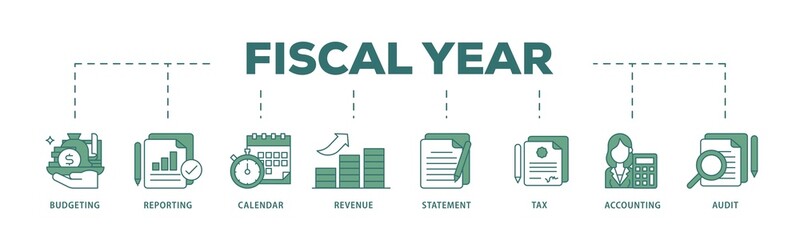 Fiscal year icon infographic illustration concept with icon of budgeting, reporting, calendar, revenue, statement, tax, accounting, audit icon png and easy to edit 