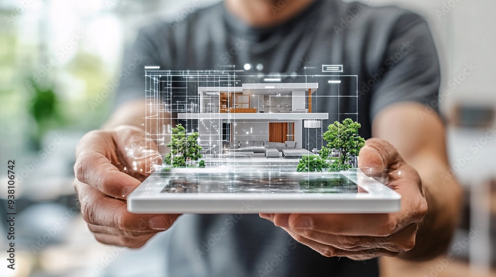 Poster A futuristic scene of an interior designer working with a floating 3D hologram of a modern open-plan living area emphasizing the precision and creativity involved in space planning Stock Photo with