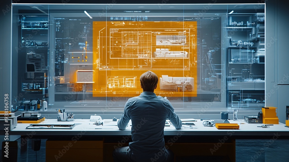 Poster a futuristic scene of an interior designer working with a floating 3d hologram of a modern open-plan