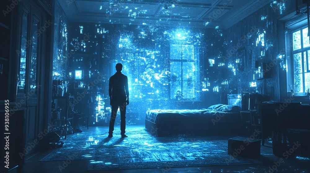 Poster an interior designer stands before a vivid 3d holographic projection of a stylish bedroom that appea