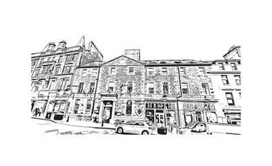 Print Building view with landmark of Stirling is the city in UK. Hand drawn sketch illustration in vector.