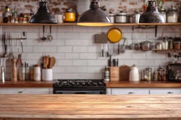 Modern kitchen interior with wooden countertop industrial lighting