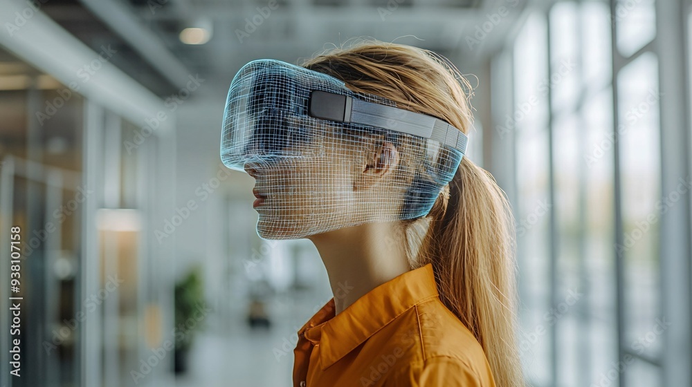 Aufkleber A side view of an interior designer immersed in the details of a floating 3D holographic room layout highlighting the innovative methods used to perfect interior design concepts Stock Photo with copy