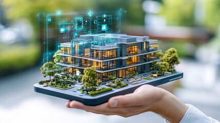 An overhead shot of an interior designer manipulating a floating 3D hologram of a fully furnished office space demonstrating the comprehensive approach to planning and visualizing interiors Stock