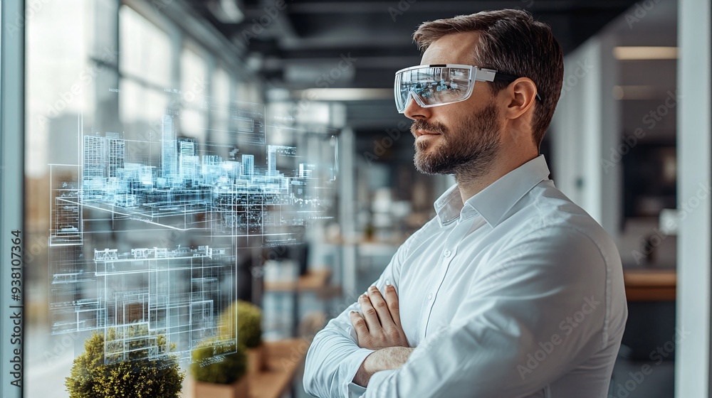 Poster a side view of an interior designer immersed in the details of a floating 3d holographic room layout