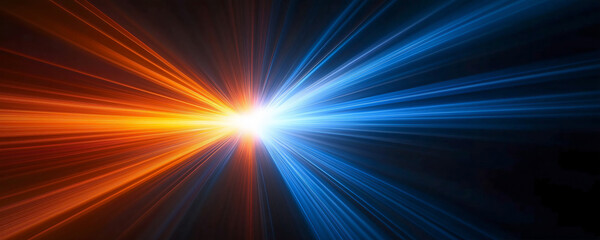 Rays of blue and orange light on a black background, a light speed effect, an energy beam with a sun flash flare.