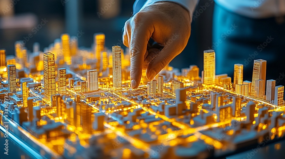 Poster a city planner carefully studies a detailed 3d holographic map of an urban area floating in front of