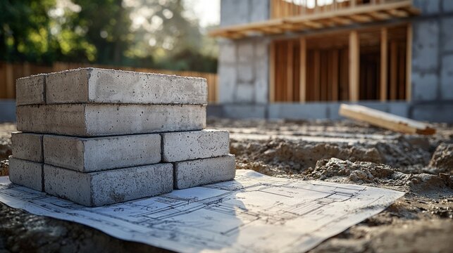stack of concrete foundation blocks with price tags attached. Partially constructed foundation wall showcases the blocks being used in building project. - Powered by Adobe