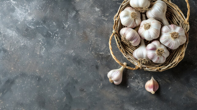 fresh garlic bulbs in a rustic basket on a dark textured background, with copy space for text