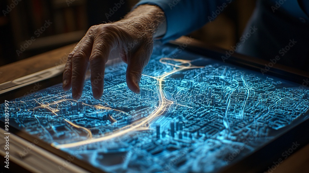 Aufkleber a city planner carefully studies a detailed 3d holographic map of an urban area floating in front of