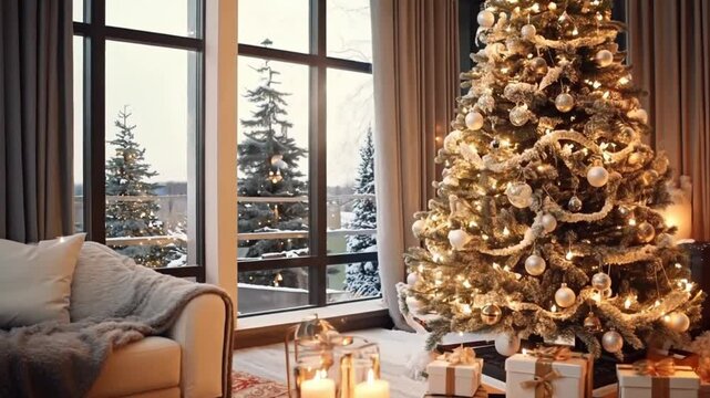 Modern living room interior with christmas tree and presents. Interior of a cozy winter living room with fireplace and comfortable sofas.