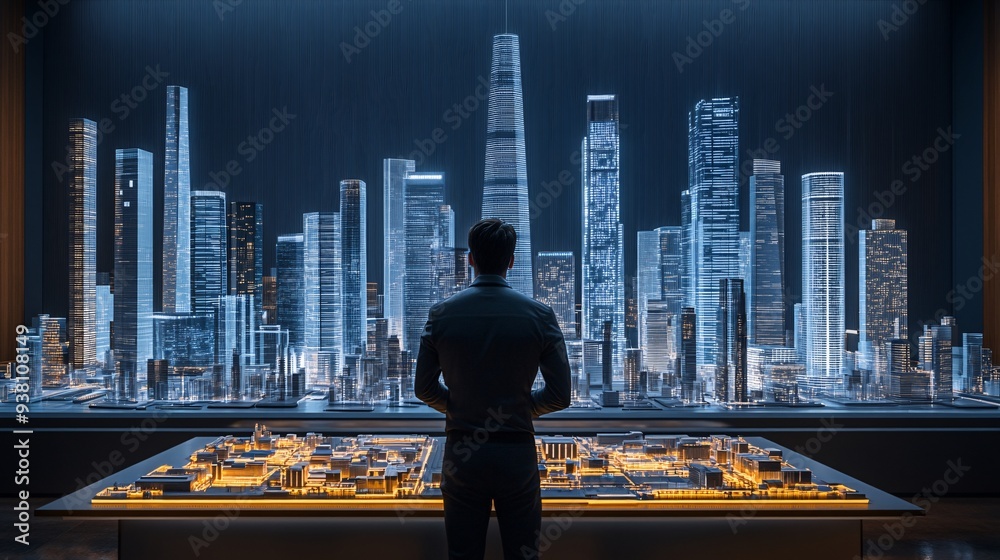 Poster A futuristic urban planning office where a city planner is surrounded by multiple floating 3D holograms of various city districts allowing for comprehensive analysis and planning Stock Photo with