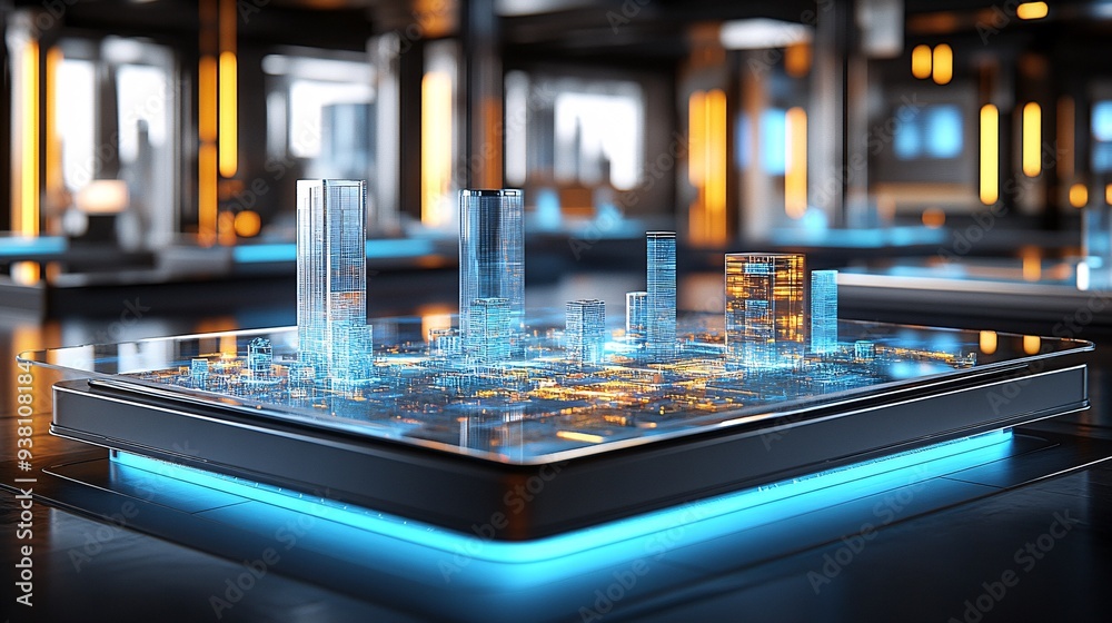 Poster A futuristic urban planning office where a city planner is surrounded by multiple floating 3D holograms of various city districts allowing for comprehensive analysis and planning Stock Photo with