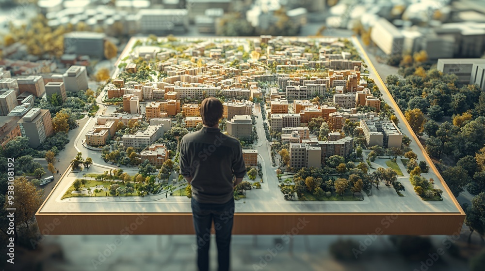 Poster an overhead view of a city planner examining a sprawling 3d holographic map of a metropolitan area h