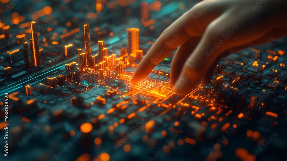 Poster A side view of a city planner adjusting a 3D holographic map of a citys downtown area highlighting the precision and foresight involved in planning urban spaces using advanced technology Stock Photo