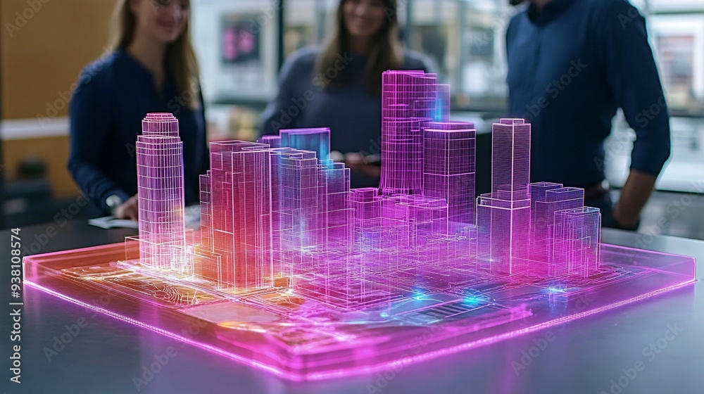 Poster An urban planning team collaborates around a floating 3D hologram of a city allowing them to explore various development scenarios in real-time and enhance their decision-making process Stock Photo