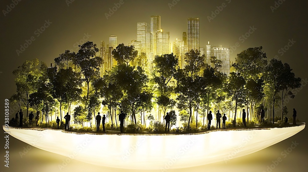 Poster An urban planning team collaborates around a floating 3D hologram of a city allowing them to explore various development scenarios in real-time and enhance their decision-making process Stock Photo