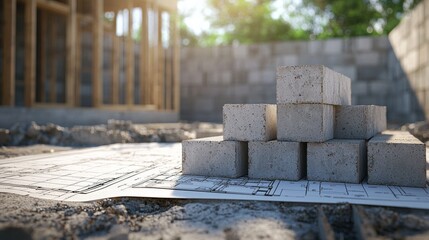 stack of concrete foundation blocks with price tags attached. Partially constructed foundation wall showcases the blocks being used in building project.