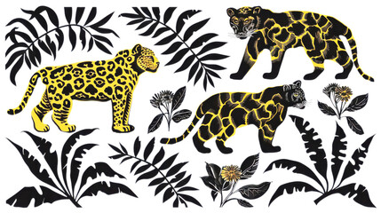 abstract black and orange leopard linocut set with botanical plant