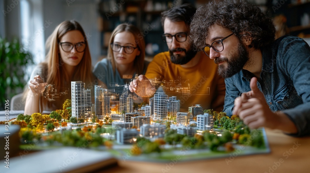Poster An urban planning team collaborates around a floating 3D hologram of a city allowing them to explore various development scenarios in real-time and enhance their decision-making process Stock Photo