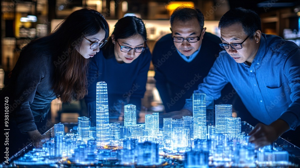 Poster An urban planning team collaborates around a floating 3D hologram of a city allowing them to explore various development scenarios in real-time and enhance their decision-making process Stock Photo