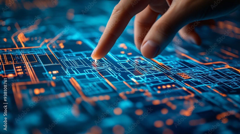Poster a city planner points to a specific area on a 3d holographic city map that displays both existing st