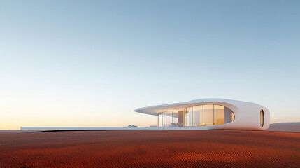 White luxury modern villa with beautiful desert view, minimalist curve line design, scene for car presentation