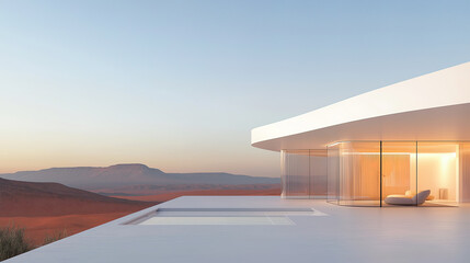 White luxury modern villa with beautiful desert view, minimalist curve line design, scene for car presentation
