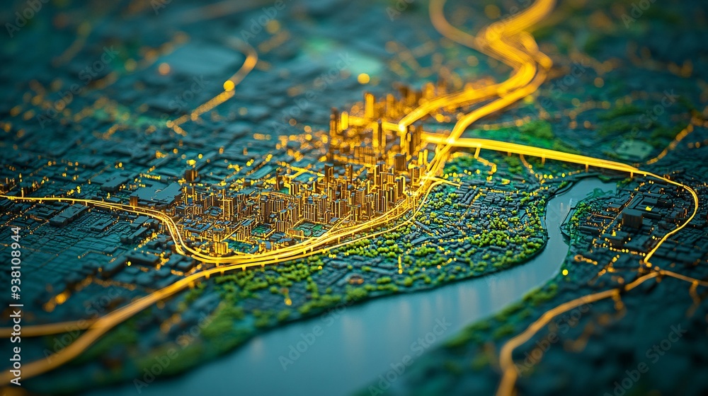 Poster a city planner analyzes a 3d holographic model of an entire metropolitan area that includes transpor