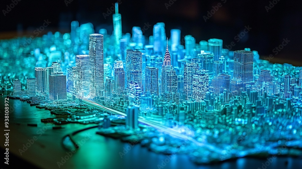 Poster A city planner analyzes a 3D holographic model of an entire metropolitan area that includes transportation networks and green spaces highlighting the comprehensive planning capabilities offered by