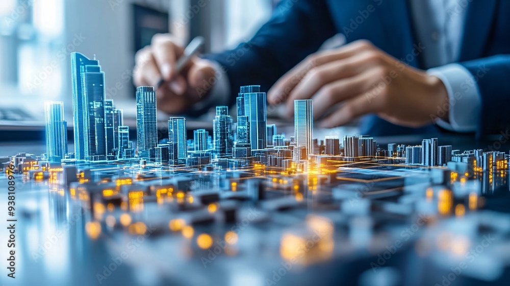 Poster Architects and engineers intensely discussing a 3D holographic model of an urban development project highlighting the integration of expertise and innovative technology in their collaborative efforts