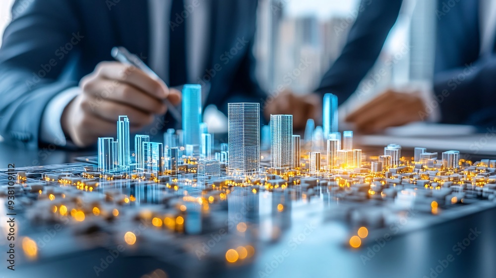 Aufkleber Architects and engineers intensely discussing a 3D holographic model of an urban development project highlighting the integration of expertise and innovative technology in their collaborative efforts