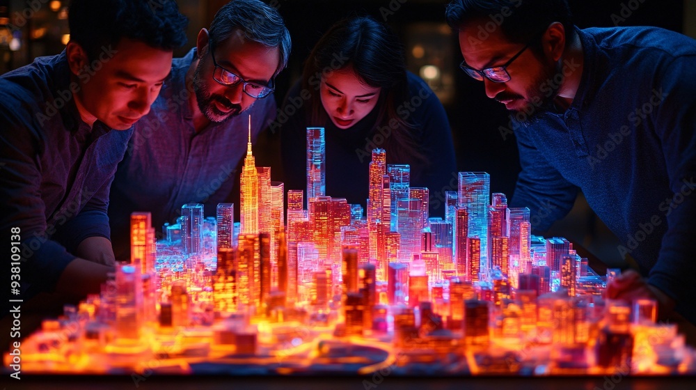 Poster Architects and engineers intensely discussing a 3D holographic model of an urban development project highlighting the integration of expertise and innovative technology in their collaborative efforts