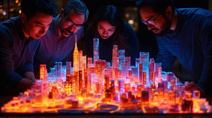 Architects and engineers intensely discussing a 3D holographic model of an urban development project highlighting the integration of expertise and innovative technology in their collaborative efforts