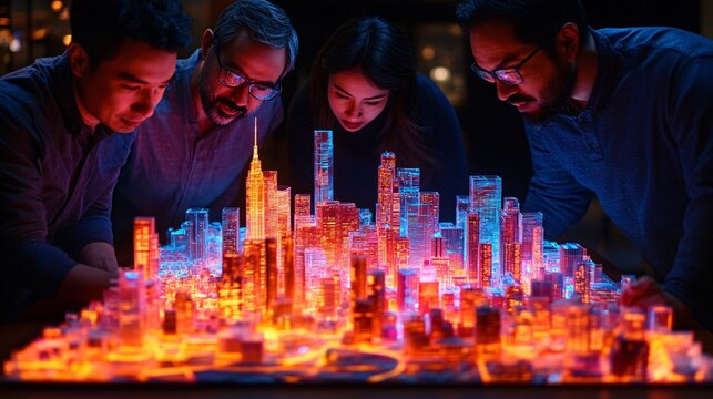 Architects and engineers intensely discussing a 3D holographic model of an urban development project highlighting the integration of expertise and innovative technology in their collaborative efforts