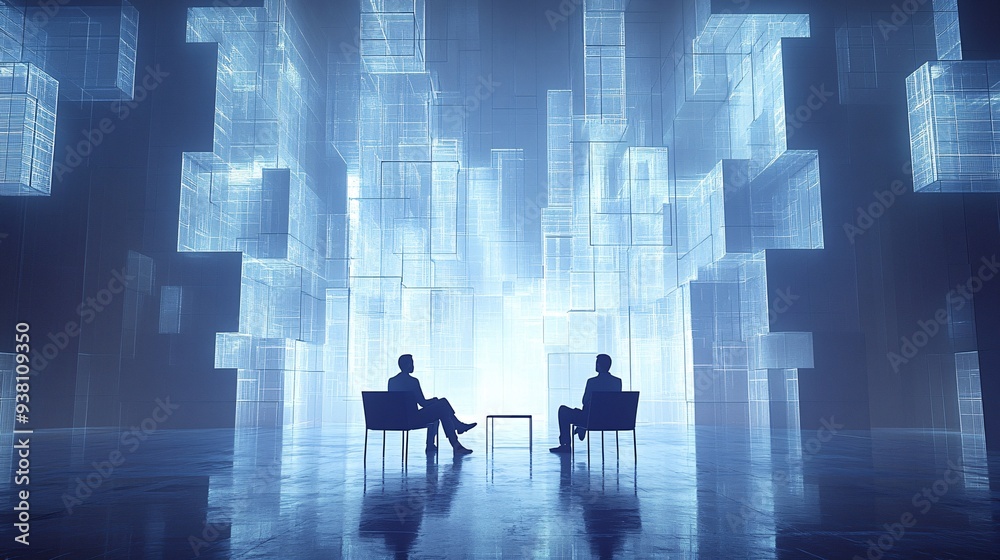 Aufkleber Engineers and architects in a collaborative meeting room interacting with a large 3D holographic model of a complex structure emphasizing the harmony between different disciplines in design Stock