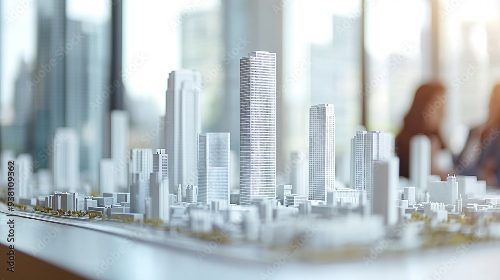 Aufkleber A side view of a collaborative design meeting where a 3D holographic model of a city district is being analyzed with architects and engineers making real-time modifications Stock Photo with copy space