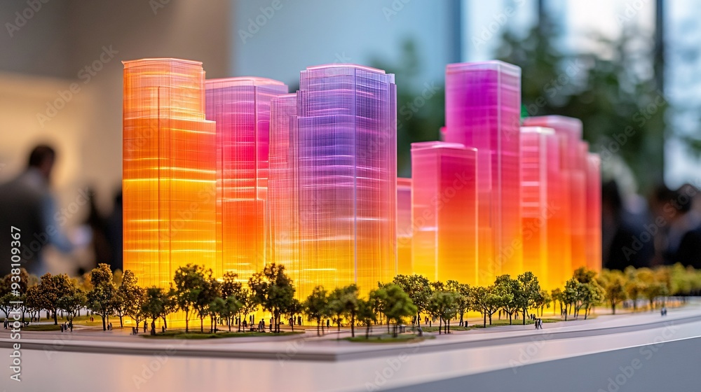 Poster A side view of a collaborative design meeting where a 3D holographic model of a city district is being analyzed with architects and engineers making real-time modifications Stock Photo with copy space
