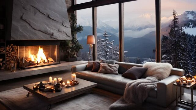 Interior of a cozy winter living room with fireplace and comfortable sofas	