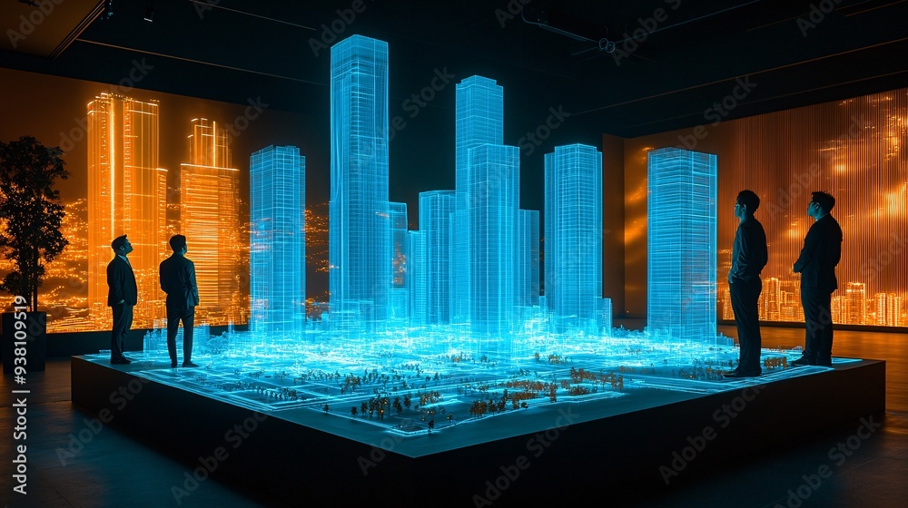 Poster An architect and engineer engaging in a deep discussion over a 3D holographic model of an infrastructure project with visual details projected in the air demonstrating the integration of ideas Stock