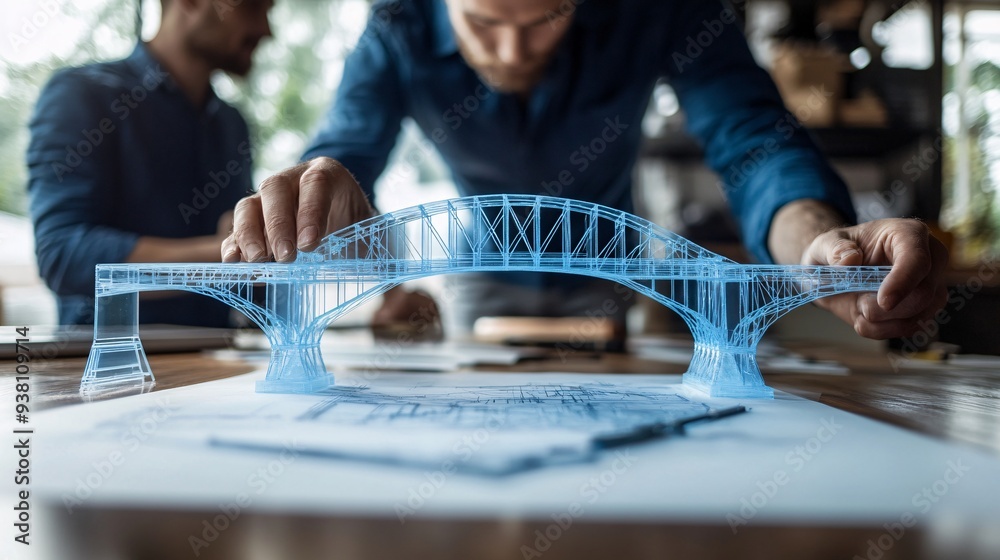 Aufkleber A team of architects and engineers working together on a 3D holographic model of a bridge discussing structural integrity and aesthetic elements showing the blend of technical and creative expertise