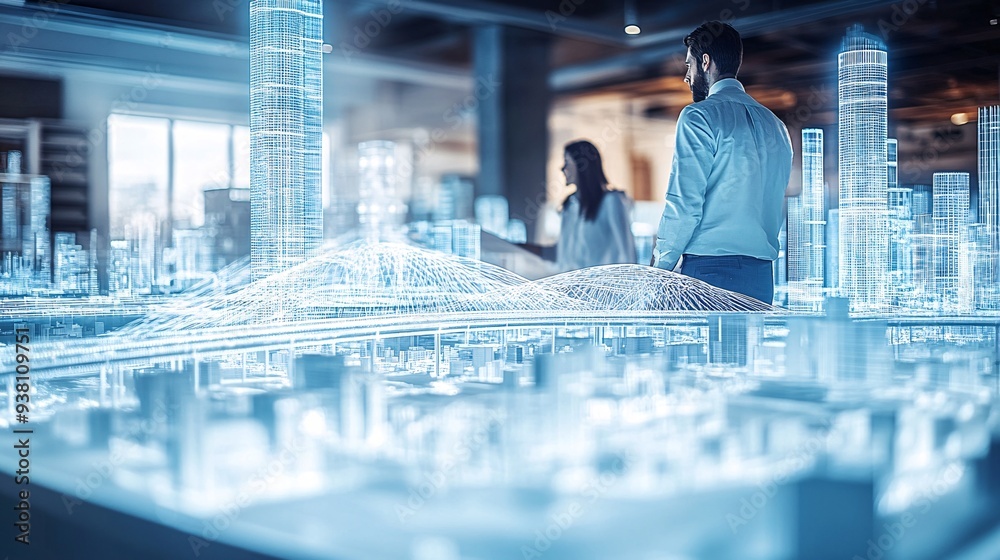 Aufkleber A team of architects and engineers working together on a 3D holographic model of a bridge discussing structural integrity and aesthetic elements showing the blend of technical and creative expertise